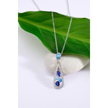 925 Ayar Gümüş Mavi Damla Motifli Farklı Kesim & Farklı Renkli Taşlı Kolye