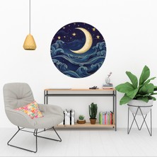 KOSS Dijital Soyut Gece Manzarası Yuvarlak Sticker, Yuvarlak Şekilli Sticker, Ay ve Yıldız Duvar Dekoru