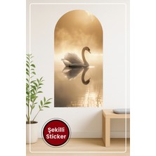 KOSS Dijital Oval Şekilli Kuğu Manzaralı Sticker Gün Doğumu Tonlarında Sarı Turuncu Doğal Sanatsal Duvar Sticker