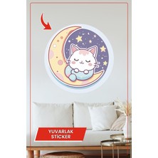 KOSS Dijital Ay Üzerinde Uyuyan Kedi Temalı Yuvarlak Sticker, Pastel Renkli Bebek Odası Duvar Dekoru