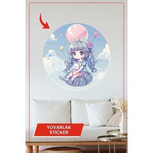 KOSS Dijital Balonlu Kız ve Tavşan Temalı Yuvarlak Çocuk Odası Stickerı Pastel Renkli Duvar Dekoru