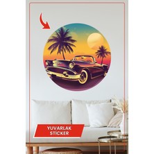 KOSS Dijital Retro Klasik Araba Yuvarlak Sticker Gün Batımı Palmiye ve Sahil Temalı Dekoratif Çıkartma Ev Ofis