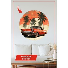KOSS Dijital Retro Klasik Araba Yuvarlak Sticker Palmiye Ağaçlı Sahil Temalı Dekoratif Çıkartma Ev Ofis