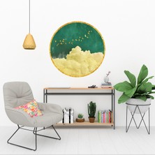 KOSS Dijital Sanatsal Gökyüzü Bulutları ve Sarı Kuşlar Yuvarlak Sticker, Duvar Stickerı, Modern Soyut Dekor