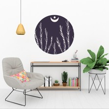 KOSS Dijital Minimalist Çiçekler ve Ay Yuvarlak Sticker, Yuvarlak Duvar Stickerı, Modern Sanat Duvar Dekoru