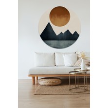 KOSS Dijital Minimal Dağ ve Güneş Yuvarlak Sticker, Yuvarlak Şekilli Sticker, Soyut Manzara Duvar Dekoru