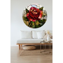 KOSS Dijital Vitray Desenli Gül Yuvarlak Sticker, Yuvarlak Şekilli Sticker, Kırmızı Gül Duvar Dekoru