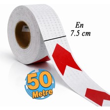 Badem10 Yapışkanlı 7.5 cm ( 50 Metre )  Kırmızı Beyaz Petekli Ok Yönlendirme Reflektörlü Reflektif Şerit Bant