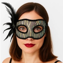 SiHako Siyah Renk Yandan Tüylü Pul Payet Işlemeli Parti Maskesi 23X12 cm