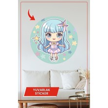 KOSS Dijital Mavi Saçlı Sihirli Kız Temalı Yuvarlak Sticker, Pastel Renkli Çocuk Odası Duvar Dekoru