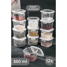 Vienev 12LI 0,55 Küçük Boy Beyaz Foly Kare Erzak Saklama Kabı Seti Plastik Etiketli ve Kaşıklı