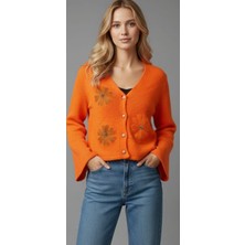 Modabella Kadın Turuncu Çiçek Detaylı Triko Hırka