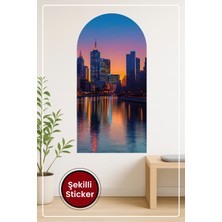 KOSS Dijital Oval Şekilli Gün Batımı Şehir Manzarası Nehir Yansımalı Modern Duvar Sticker