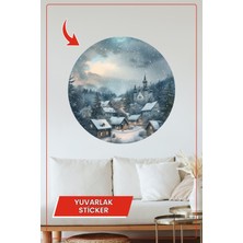 KOSS Dijital Karlı Köy ve Şato Manzaralı Yuvarlak Sticker Kış Temalı Sıcak Işıklı Duvar Dekoru