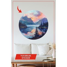 KOSS Dijital Dağ Manzarası ve Gün Batımı Temalı Yuvarlak Sticker Modern Doğa Duvar Dekoru