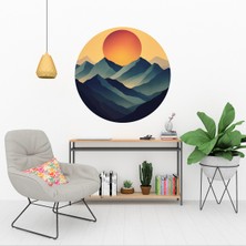 KOSS Dijital Soyut Dağlar ve Güneş Yuvarlak Sticker, Yuvarlak Şekilli Sticker, Minimal Renkli Modern Duvar Dekoru