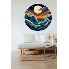 KOSS Dijital Deniz Dalgaları ve Günbatımı Yuvarlak Sticker, Yuvarlak Şekilli Sticker, Manzara Duvar Dekoru