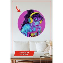 KOSS Dijital Neon Kulaklıklı Kız Tasarımlı Yuvarlak Sticker Modern Pop Art Duvar Dekoru Ev Ofis Aksesuarı