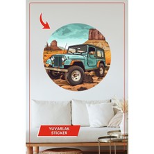 KOSS Dijital Retro Jeep Yuvarlak Sticker Çöl ve Dağ Manzaralı Klasik Arazi Aracı Dekoratif Çıkartma Ev Ofis