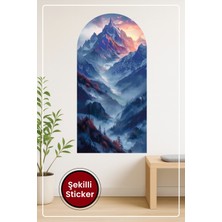 KOSS Dijital Oval Şekilli Doğa Manzaralı Sticker Güneşli Dağlar ve Sisli Orman Temalı Duvar Sticker