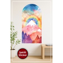 KOSS Dijital Oval Şekilli Renkli Dağ Kar Kaplı Zirve Gökkuşağı ve Pastel Gökyüzü Temalı Duvar Sticker