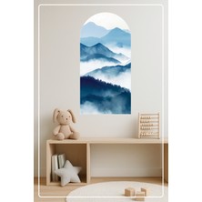 KOSS Dijital Oval Şekilli Dağ Manzaralı Sticker Mavi Tonlu Sisli Görünümlü Dekoratif Duvar Sticker