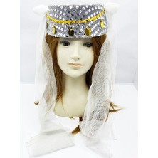 SiHako Beyaz Duvaklı Altın Pul Işlemeli Kına Fesi Kına Şapkası Oryantal Şapkası