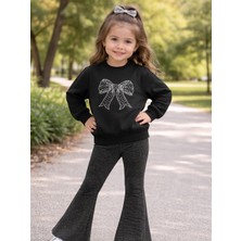 Kız Çocuk Taşlı Fiyonk Baskılı Simli Pantolonlu Takım