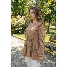 Bym Fashion Fırfır Detay Bel Lastikli Kat Görünümlü Bluz 5207 Taba