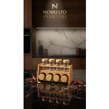 Nobrelto Premium Cam Baharatlık Seti - Ahşap Standlı ve Kapaklı 9 Parça Seçenekli Dekoratif Mutfak Düzenleyici
