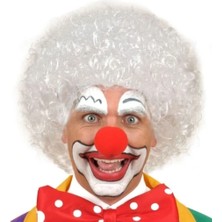 Magicool Beyaz Renk Kıvırcık Afro Bonus Peruk Saç ve Kırmızı Sünger Burun Seti