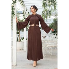 Bym Fashion Omuz Fırfır Görünümlü Yaka Bağlamalı Katlı Kol Detay Bluz 5263 Kahverengi