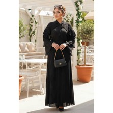 Bym Fashion Omuz Fırfır Görünümlü Yaka Bağlamalı Katlı Kol Detay Bluz 5263 Siyah