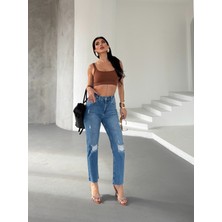 Aida Fashion Diz Yırtık Boyfit Jeans