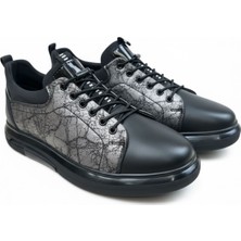 Zueofficial Hakiki Deri Erkek Sneaker - Siyah & Gümüş Eskitme Desenli Günlük Ayakkabı