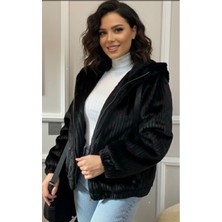 Zueofficial Kadın Siyah Kapüşonlu Peluş Mont – Fermuarlı Kışlık Yumuşak Dokulu