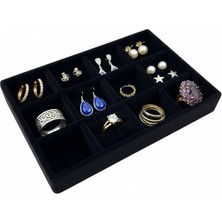 Megass Dekor Atina Model Süet Kumaş Siyah Renk 22/14 cm 12 Bölmeli Takı Sergileme Tablası