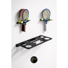 3art Metal Dekorasyon Duvar Tipi Tenis Raketi Askılığı -  Top Tutuculu Spor Ekipman Rafı -  Duvar Organizer