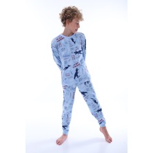 Bunny Hopp Dinozor Desenli %100 Pamuklu Erkek Çocuk Pijama Takımı - Mavi Penye Mevsimlik Takım