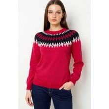 Desen Triko Kadın Sıfır Yaka Robası Baklavalı Yün Kazak K.kırmızı