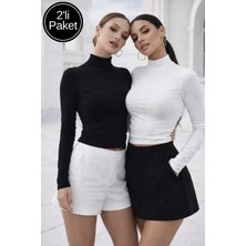 Rich Kadın Siyah Beyaz 2'li Paket Yarım Balıkçı Yaka Uzun Kollu Crop Bluz