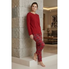 Niltu Kadın Kırmızı Alt Ekose Pijama Takımı - Esnek Kumaş