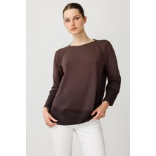 Desen Triko Kadın Sıfır Yaka Dikişsiz Kazak Kahve