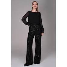 Journey Kayık Yaka-Üst Beden Şifon Detaylı, Alt Payetli Tulum