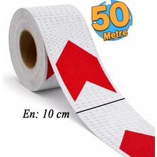 Badem10 Yapışkanlı 10 cm ( 50 Metre ) Kırmızı Beyaz Petekli Ok Yönlendirme Reflektörlü Reflektif Şerit Bant