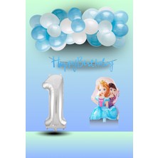 Tedaks Frozen Tema Ikili Prenses Folyo Balon Mavi Beyaz Balon Gümüş Rakam Mavi Banner Doğum Günü Seti