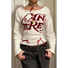 İsra Ayyıldız Moonstar Collection Beyaz Lana Del Rey Fiyonk Detaylı Triko Kazak