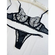 Rozenin Lingerie Siyah Balenli Dantelli Transparan Kapsız Tül Sütyen Takımı Çiçekli Desen