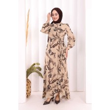 Bym Fashion Yaprak Desen Fırfır Detay Şifon Elbise 3842 Taş