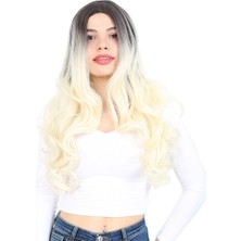 Sb Shopping Yoğun Dalgalı Fiber Sentetik Uzun Perçemsiz Peruk / Küllü Siyah / Platin Ombreli